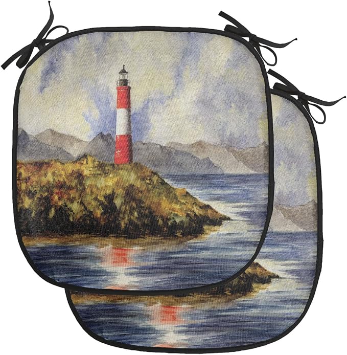 Lunarable Lighthouse Chair Cushion Pads Set of 2, Les Eclaireurs Lighthouse Coastline Seashore Mountains Cliff Painting Effect, Anti-Slip Seat Padding for Kitchen & Patio, 16"x16", Blue Red Green