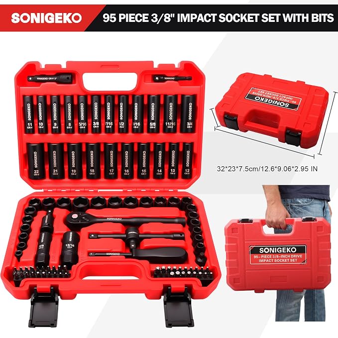 95-Piece 3/8" Drive Impact Socket Set,SAE(5/16 to 3/4-) Metric Size(8-22mm) | 6-Point Deep & Standard CR-V Sockets, Screwdriver Bit Set with Ratchet Handle & Security Bits