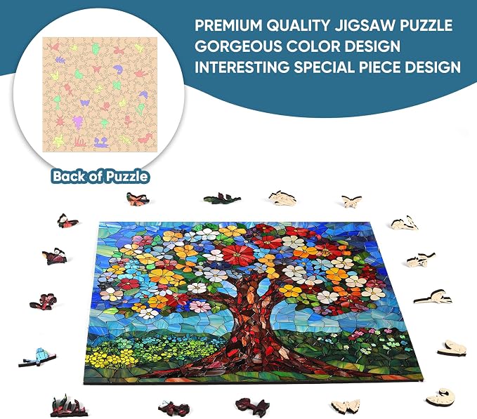 Delobil Puzzles for Adults 500 Pieces, Flower Tree Jigsaw Puzzles, Unique Shaped Stained Glass Wooden Puzzles for Adults and Kids, Plant Art Birthday Gifts Family Game, 15.9 x 15.9 Inches