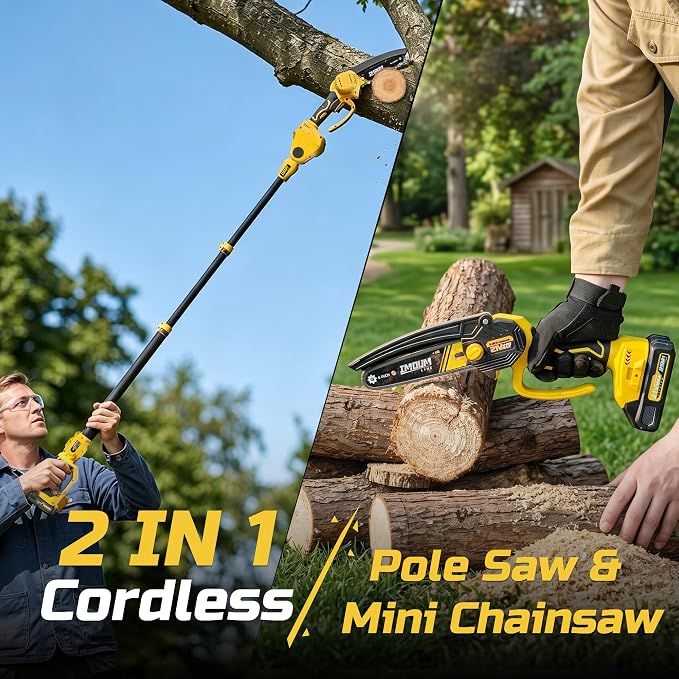 IMOUMLIVE 6-Inch Cordless Pole Saw & Mini Chainsaw 21V 2.0Ah Battery | 2-in-1 Tree Trimmer, Electric Pole Saws for Tree Trimming, Lightweight, Small Handheld Chainsaw, Rotatable Extension Pole