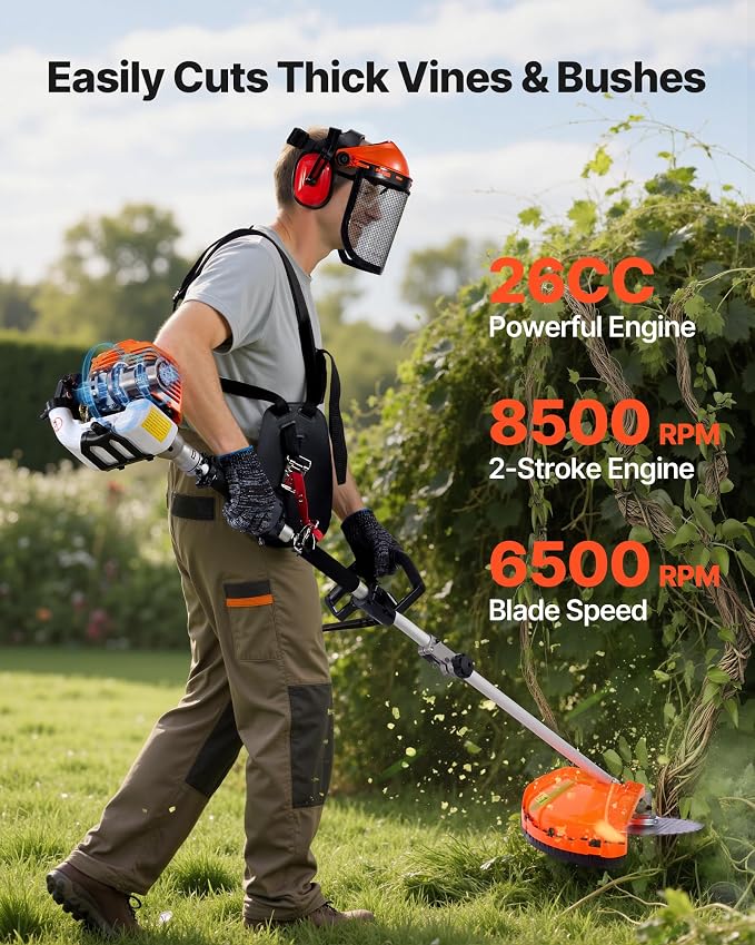 VEVOR Gas Hedge Trimmer, 2 Cycle Gas Power Handheld Trimmer, 7-in-1 26cc Weed Eater with Extension Pole & Protective Gear Set, Includes Hedge & String Trimmer, Brush Cutter(3T & 40T), Edger, Pole Saw