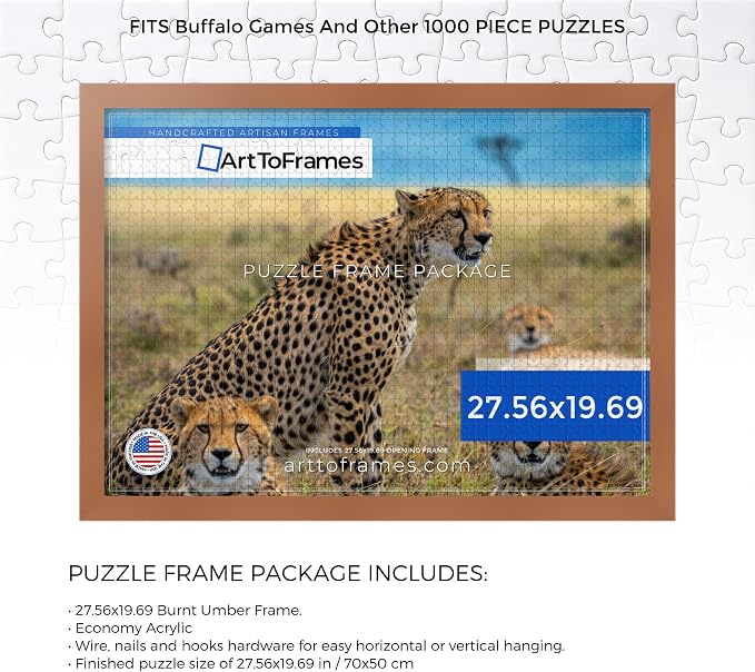 ArtToFrames Puzzle Frame for Buffalo Games 1000 Piece Jigsaw Puzzles, 27.56x19.69 Inch (70x50 cm), Burnt Umber Engineered Wood with Economy Acrylic, Ready to Hang Puzzle Display