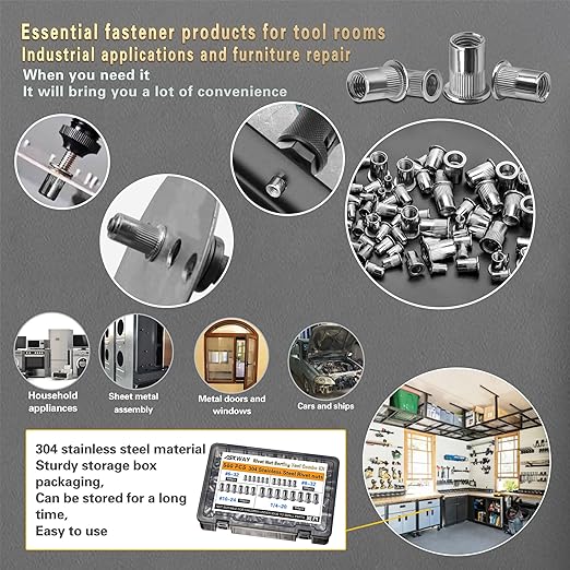 Stainless Steel Imperial Rivet Nut Tool Kit 500pcs, SAE Rivet Nut Combination （1/4-20、10-24、8-32、6-32）, Suitable for Automotive Industrial Applications (ASE Stainless Steel 500pcs)