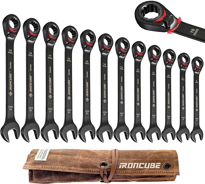 ironcube Reversible Ratcheting Wrench Set: 12-Piece Metric 8-19mm - Tough Black - Wax Canvas Storage Bag - Automotive and Motorcycle Repair Tools