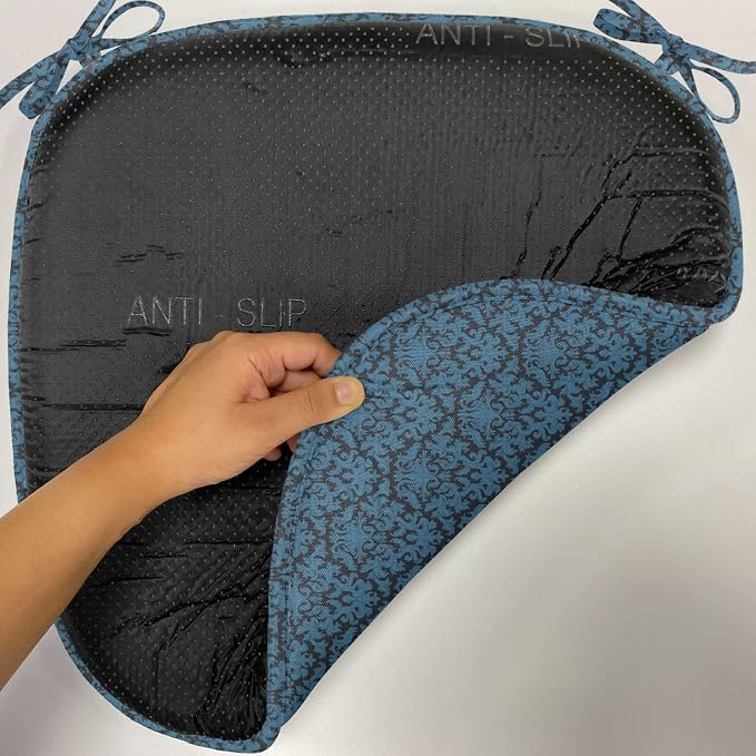 Lunarable Damask Blue Chair Seating Cushion Set of 4, Repetition with Rococo Inspired Royal Style Ornamental Pattern, Anti-Slip Seat Padding for Kitchen & Patio, 16"x16", Dark Grey and Turquoise