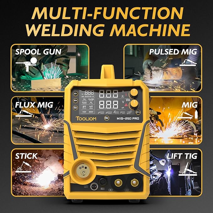 TOOLIOM Aluminum MIG Welder with Pulse 250A 110V/220V Dual Voltage 6 in 1 Multifunctional Welding Machine Pulsed MIG/Gas MIG/Flux Core/Spool Gun MIG/Lift TIG/Stick