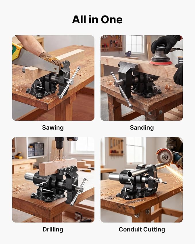 VEVOR Heavy Duty Bench Vise, 5.5" Jaw Width, Double Swivel Rotating Multi-Purpose Bench Vise, with 360° Locking Swivel Base and Head, 2.76" Throat Depth, 5" Max Jaw Opening, for Drilling Pipe Cutting