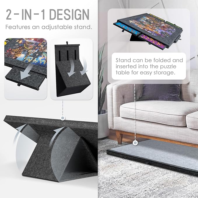 Tektalk Jigsaw Puzzle Table with Integrated Adjustable Stand/Bracket, 3-Tilting-Angle Super Lightweight Felt Puzzle Plateau Board with Cover & 4 Sorting Drawers (Gray, for Up to 1500 Pieces)