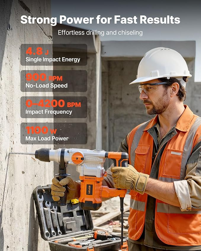 VEVOR Rotary Hammer Drill, 1-1/8 in SDS-Plus Electric Corded Heavy Duty Rotary Hammer, Including 3 Drill Bits, Flat Chisel, Pointed Chisel, Grease, Brush, and Carrying Case, for Concrete and Masonry