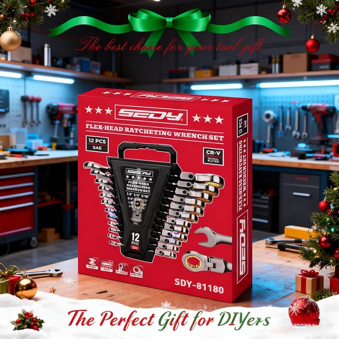 SEDY Premium 12-Piece SAE Flex-Head Ratchet Wrenches Set 1/4"-7/8" with Magnetic Organizer, Cr-V Steel Ratcheting Wrench Set with 72 Teeth 180° Flex Head, Ratchet Combination Wrench Set for Repair
