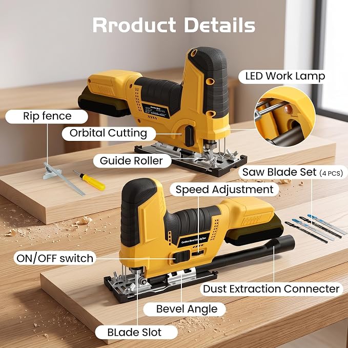Jigsaw Cordless Compatible with DeWALT 20V MAX Battery, Barrel Grip Jig Saw Brushless, 7 Speed, 3 Orbital Settings, Vacuum Adapter, 45° Bevel Cutting, LED Light, Bare Tool for Wood, Plastic, Metal