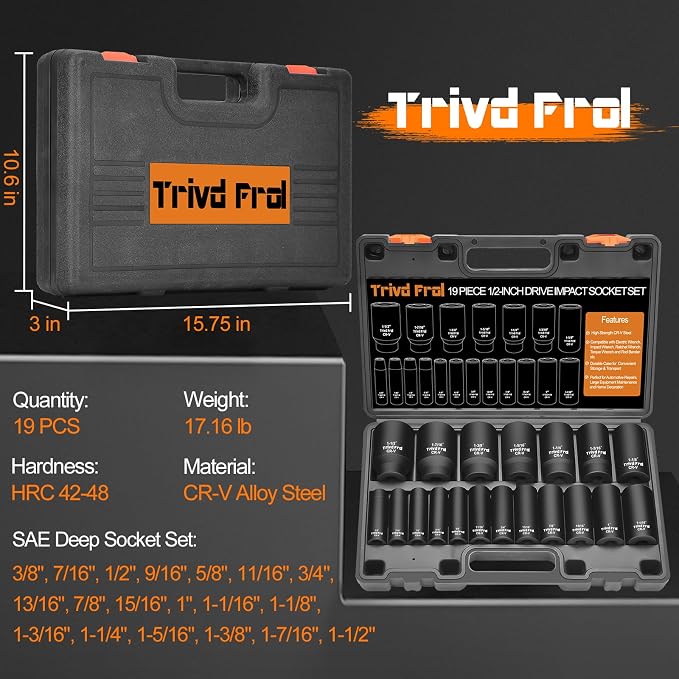 SAE Impact Socket Set 1/2" Drive - Trivd Frol 19 Piece Deep Socket Set | 1/2" Deep Impact Socket Set, SAE 3/8" to 1-1/2", Cr-V Steel, 6-Point, Double Lock Case