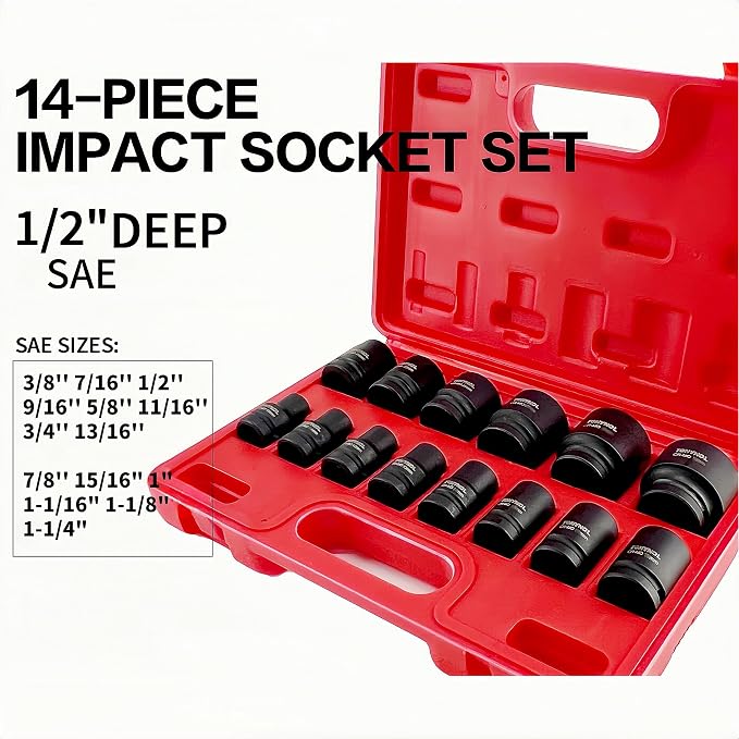 TONYNOL 1/2" Shallow Drive Impact Socket Set,6‑Point,SAE 3/8"‑1‑1/4",14Pcs | Cr-Mo Steel,With a Storage Case