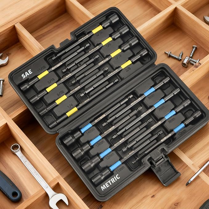 AEROFORCE 16PCS Magnetic Nut Driver Set for Impact Drill, 6 Inch Extra Long Nut Drivers with Sturdy Tool Box, SAE/Metric 1/4" Hex Shank Socket Set for Drill, DIY and Repair Car