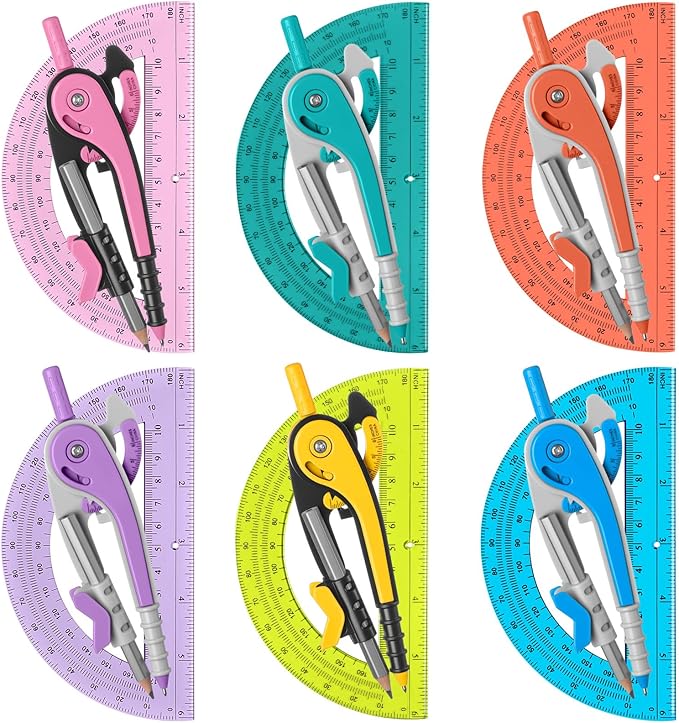Chengu 6 Set Compass and Protractor Set, Operation Christmas Items Bulk Multicolor Compass Geometry Tool 6 Inch 180 Degree, Math Graphing Drawing Tools for Office and School Supplies