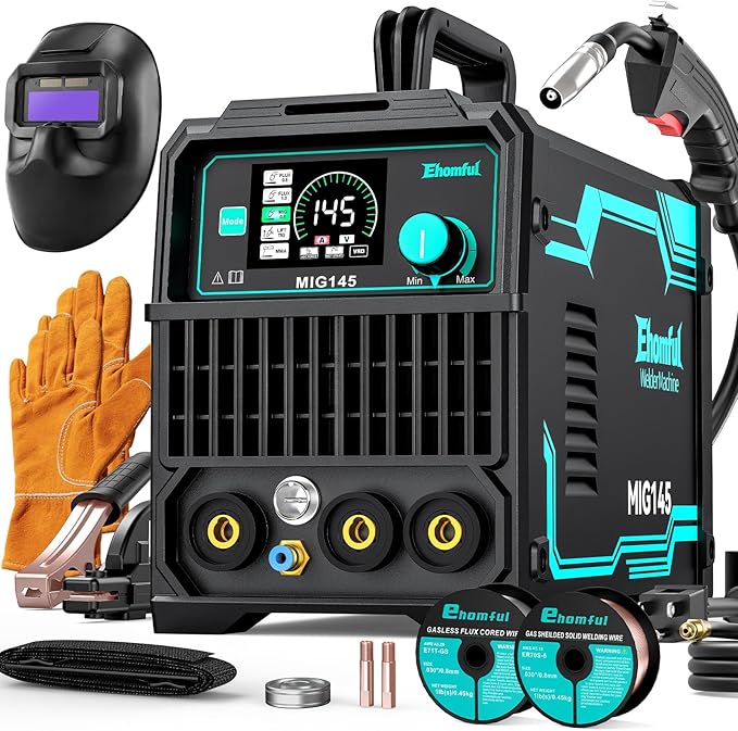 145A 4-in-1 MIG Welder,110V/220V Dual Voltage Gas MIG/Flux Core MIG/Lift TIG/Stick Multiprocess MIG Welding Machine, Portable IGBT Inverter with Synergic Control & Auto Darkening Helmet，Gloves