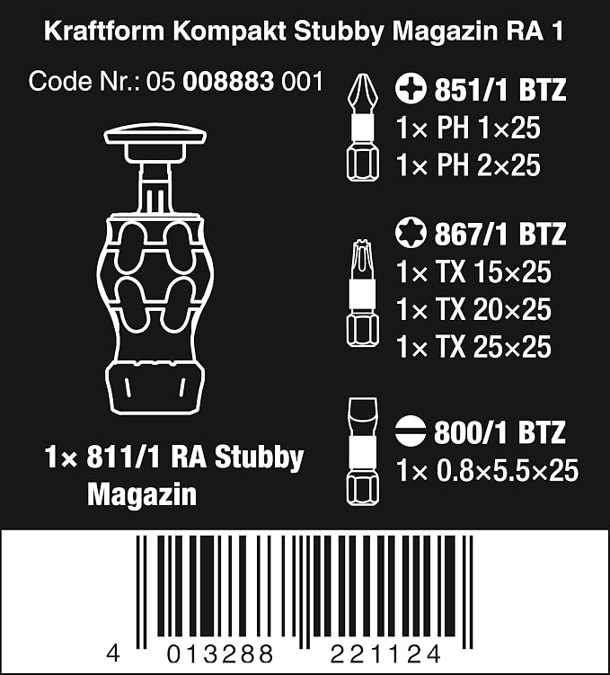 Wera 05008883001 Kraftform Kompakt Stubby magazine RA 1, Stubby Ratchet Screwdriver with Bit Magazine, 6 pieces