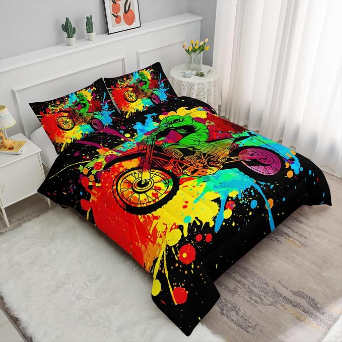 Axolotl Motocross Bedding Set King,Dirt Bike Comforter Set,Extreme Sports Bedding,Motorcycle Racer Comforter,Colorful Motocross Motor Vehicles Biker Quilt for Boys Kids Teens Men,1 Quilt 2 Pillowcase