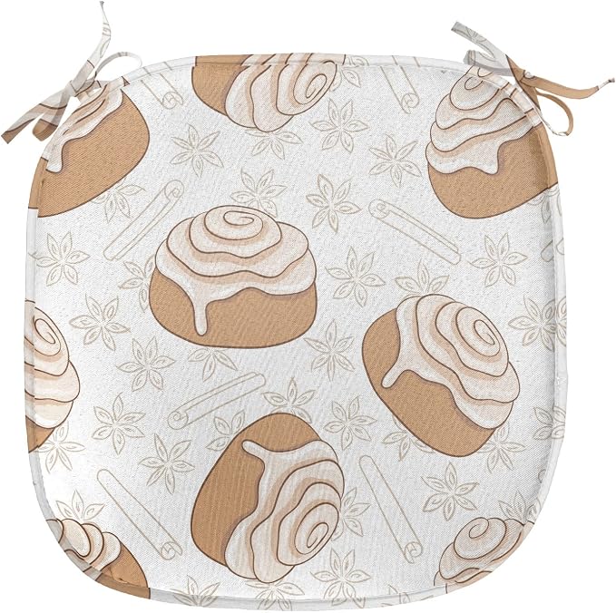 Lunarable Cinnamon Chair Seating Cushion Set of 2, Floral Pattern with Floating Tasty Rolls Dessert Bakery Themed Pattern, Anti-Slip Seat Padding for Kitchen & Patio, 16"x16", Sand Brown Champagne
