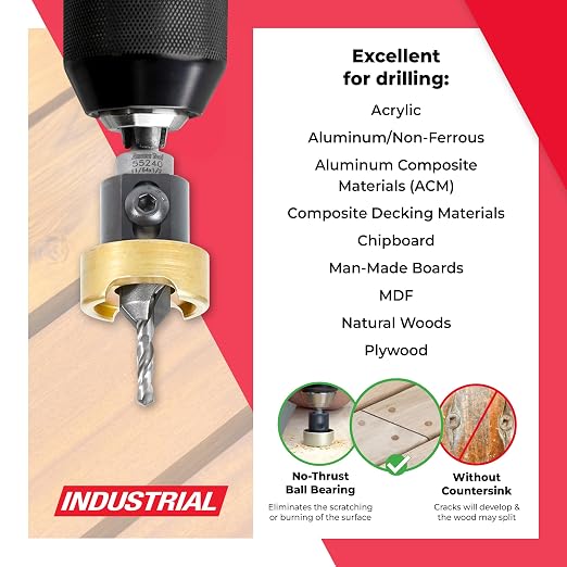 Amana Tool 82 Degree Countersink with Drill Bit Depth Stop and No-Thrust Ball Bearing, 55240, 1/2 D x 11/64 Drill D x 1/4 Inch Quick Release Hex Shank