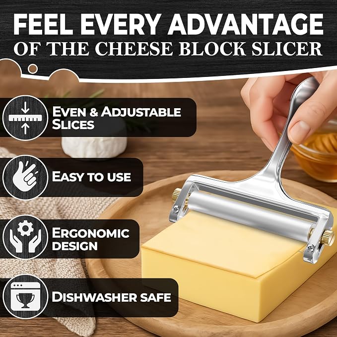 Cheese Slicer Wire - Sharp & Strong Stainless Steel Cheese Cutter Handheld with 2 Extra Wires, Slice Tickness Adjuster, Comfortable Handle & Dishwasher Safe, for Mozzarella, Cheddar & Gruyere Slicing