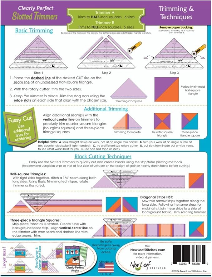 New Leaf Stitches Slotted Trimmer - Acrylic Template Ruler for Accurate Cutting and Trimming - Designed for Half-Square Triangles, Strip Piecing, Block Construction - Ideal Stencil & Tool for Quilters