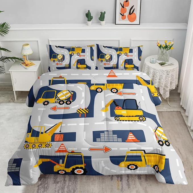 Axolotl Cartoon Excavator Bedding Set King,Tractor Truck Boys Comforter,3 Piece Yellow Vehicles Truck Comforter Set,Construction Site Theme Decor for Kids Boys Teens,1 Quilt 2 Pillowcases