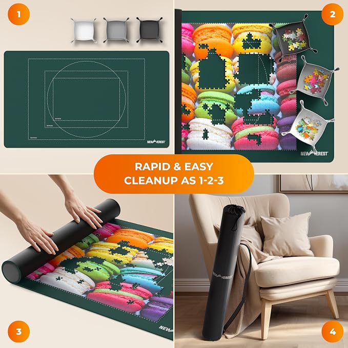 The Original Newverest Jigsaw Puzzle Mat Roll Up, Forest Green, 39.4” x 23.6” Portable Keeper Up to 1000 Pieces with Non-Slip Rubber Bottom & Smooth Top + 3 Puzzle Sorting Trays & Travel Storage Bag