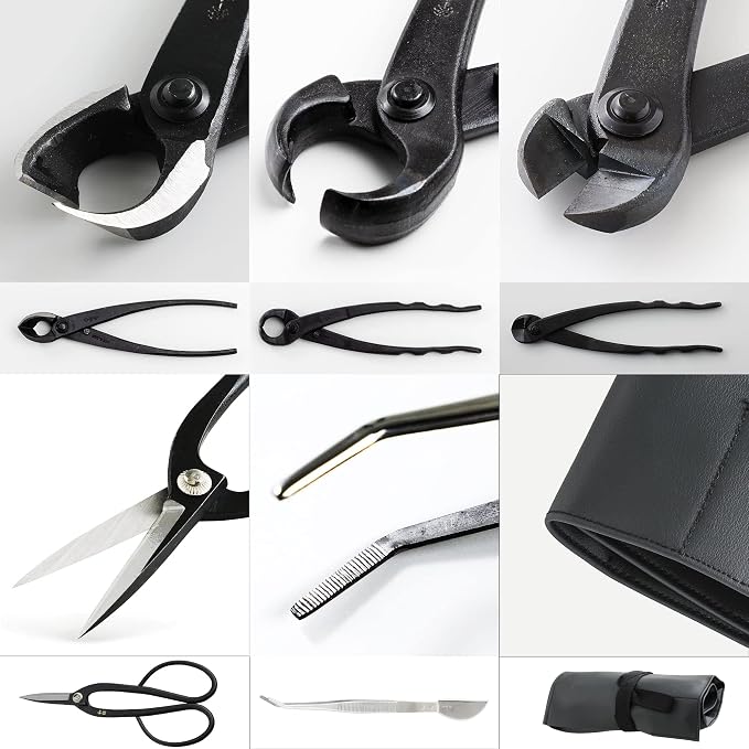 Wazakura Made in Japan 5PCS Bonsai Tool Kit with Roll Bag: Yasugi Steel Ashinaga Bonsai Scissors, Concave Branch Cutter, Knob Cutter, Wire Cutter, Tweezers - 5 Tools Ashinaga Set with Case