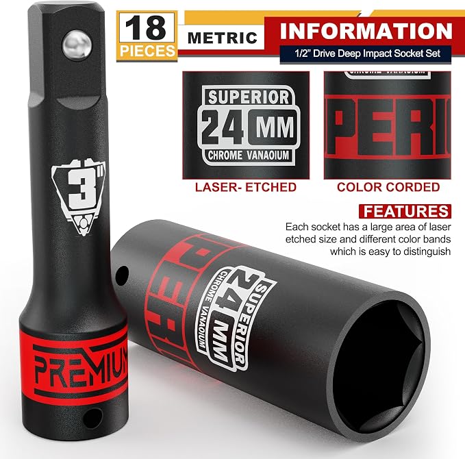 18 Piece 1/2" Drive Impact Socket Set, 10 mm - 24 mm Deep Socket, with Extension Bars:3-inch, 5-inch, 10-inch, Metric, 6-Point, CR-V Steel, Automotive Maintenance, Machinery Manufacturing