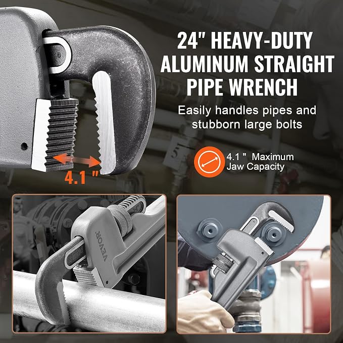 VEVOR Pipe Wrench, 24" Aluminum Straight Pipe Wrench, Adjustable Plumbing Wrench, with High Strength Jaw and Ergonomic Handle, Easy to Carry, Hangable Design, for Water Pipes, Automotive Repairs