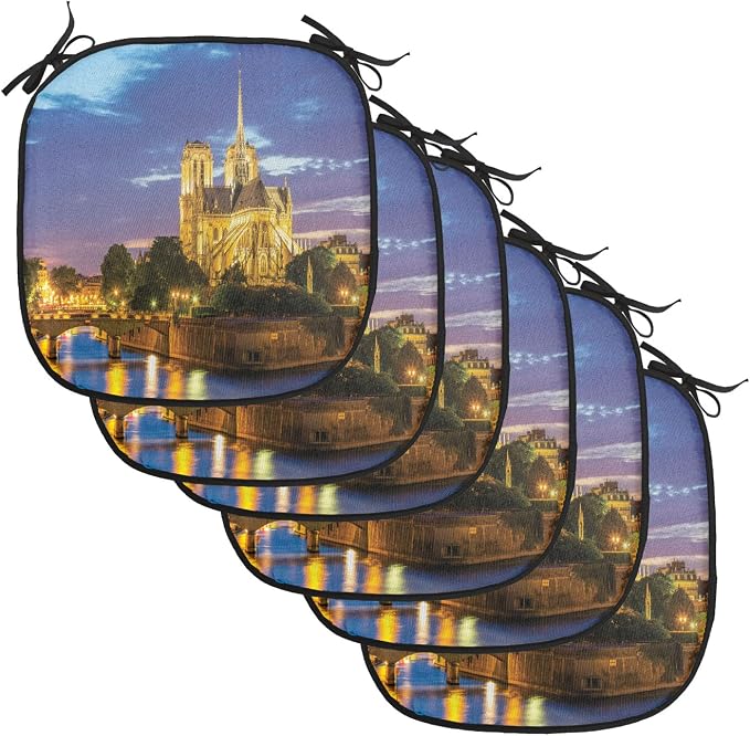 Lunarable Paris Chair Cushion Pads Set of 6, Notre Dame at Dusk Paris France Riverside Scenery Water Reflection, Anti-Slip Seat Padding for Kitchen & Patio, 16"x16", Yellow Brown Blue