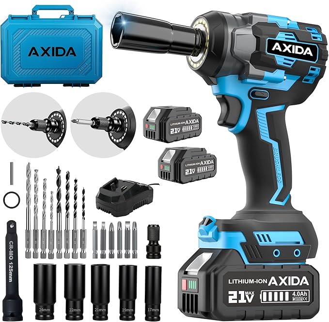 Cordless Impact Wrench, 1/2 Inch Brushless Impact Gun, 21V Impact Driver with 2x 4.0Ah Batteries, Charger & 5 Sockets, Variable Speeds for Car/Mower (650NM)