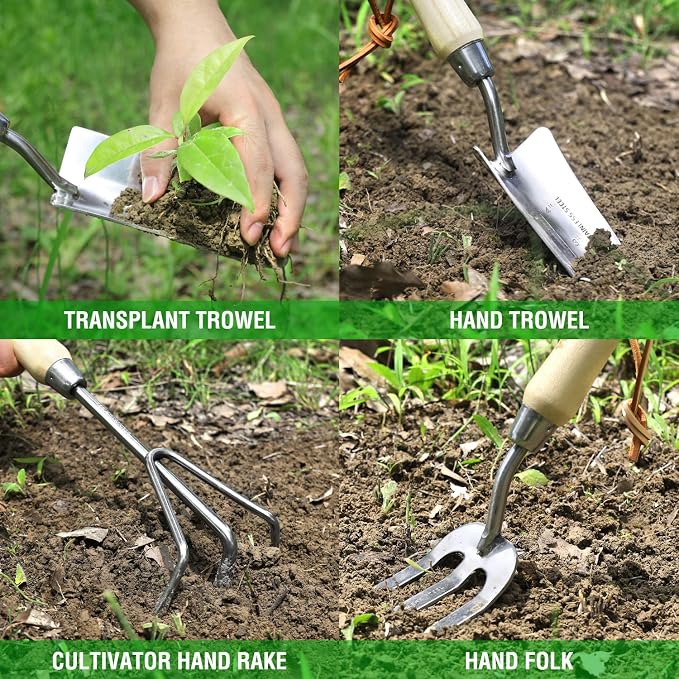 WORKPRO Garden Tools Set, 8 Piece, Stainless Steel Heavy Duty Gardening Tools with Wooden Handle, Including Garden Tote, Gloves, Trowel, Hand Weeder, Cultivator and More-Gardening Gifts For Women Men