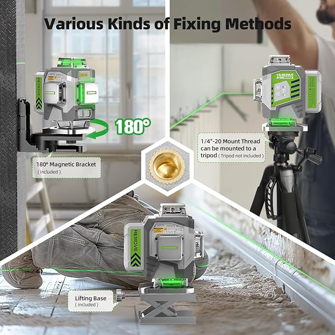 Huepar Pro Laser Level, Self Leveling 4 x 360° Green Cross Line Laser Level Tool, High Accuracy 4D Level Laser for Construction, 8000mAh Rechargeable Li-ion Battery, Remote Controller&Hard Carry Case