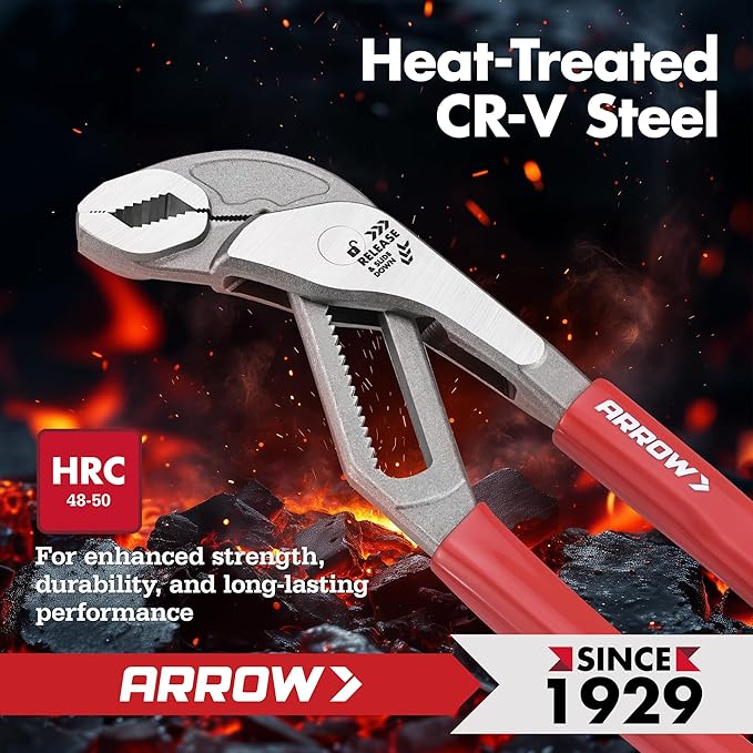 ARROW 10-Inch Water Pump Pliers, Quick Adjust Groove Joint Pliers with 18 Positions, V-Jaw Tongue and Groove Plier with Dipped handle, Heat-Treated CR-V Steel for Plumbing, Auto & Home Repair