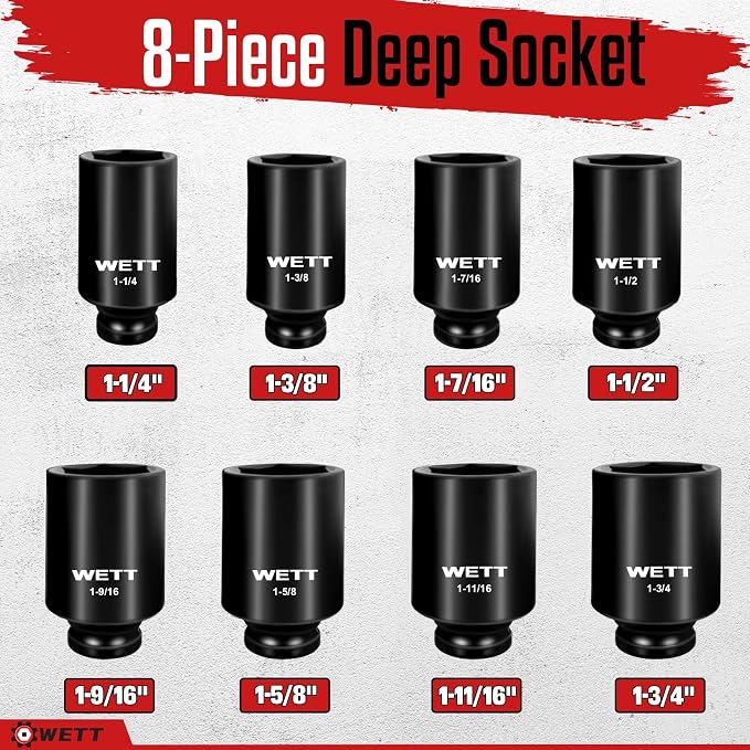 WETT 1/2" Drive Deep Large Impact Socket Set, 8-Piece Spindle Axle Nut Large Sockets Set, Standard SAE 6 Point Wheel Wrench Sockets, CR-V Steel, (1-1/4-Inch-1-3/4-Inch)