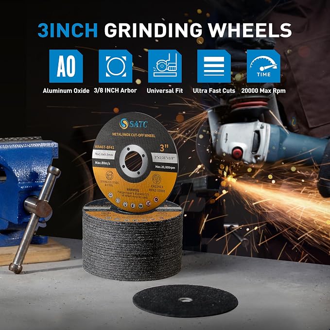 S SATC Grinder Wheel 25 PCS Cut Off Wheels 3 Inch Cut Off Wheel 3" x1/16 x3/8" Fits Any Angle Grinder Air Tool