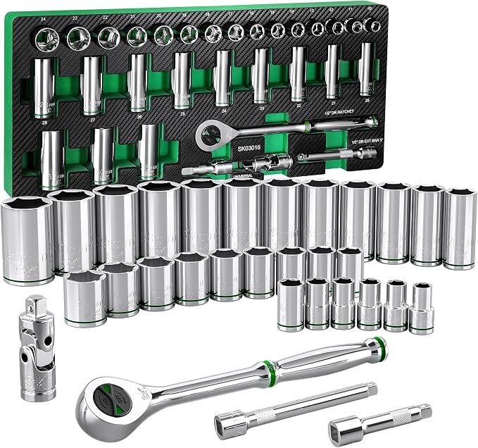 SK 1/2" Drive Socket Set with 160-P Ratchet, 31-Piece Metric Sockets | SuperKrome Finish, Premium CR-V Steel, Heat Treated, with EVA Foam Tool Organizer