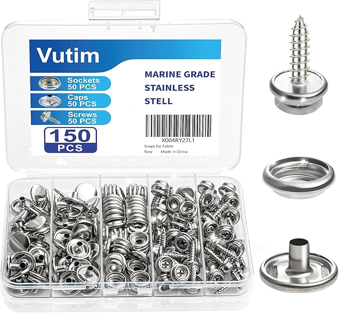 150 PCS Canvas Snap Fastener Tool Set, Vutim Marine-Grade 3/8" Stainless Steel Snaps, Metal Snap Fastener Kit, Leather Repair Kit for Boats, Canvas, Leather Goods, Tents, and Awnings