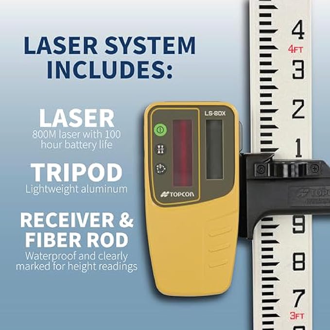 Topcon RL-H5A Laser Transit Leveler Kit - LS-80X Rotary Laser Receiver with Rod Bracket - 36-60in Precision Level 360 Laser Tripod - 13ft Fiber Rod Level Tool with Tenth Increments for Construction