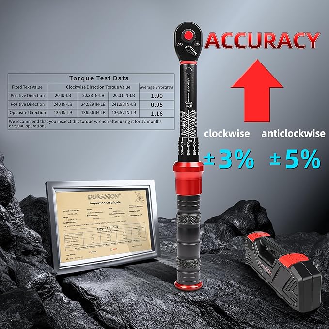 1/4-Inch Drive Torque Wrench 20-240in.lb/2.3-27.1Nm, ±3% Precision Dual Direction Torque Wrenches with 72-Tooth Dual Range Scales