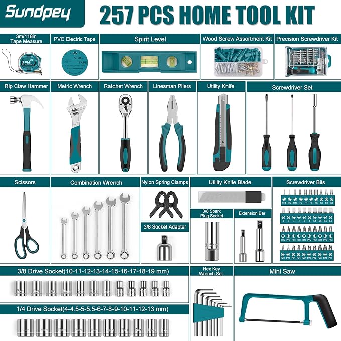 Sundpey 257 Pcs Portable General Basic Hand Tool Kit Set for Home with Case