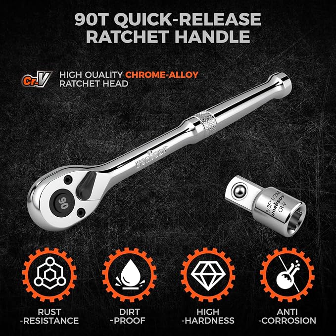 HORUSDY 3/8" Drive 90T Quick-Release Ratchet Handle, Reversible, Chrome Alloy Made, Full Polished, Includes 3/8" to 1/2" Socket Adapter, Ideal for Auto Repair, Home & Industrial Use