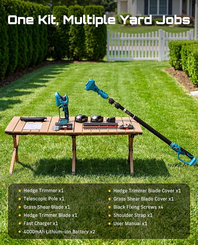 SEESII 4-in-1 Cordless Pole Hedge Trimmer: 20V 9-Ft Telescoping Shrub Trimmer & Grass Shear, 12" & 6'' Dual-Action SK5 Blades, 2 x 4.0Ah Batteries, Shoulder Strap for Tall Hedges & Lawn Edging