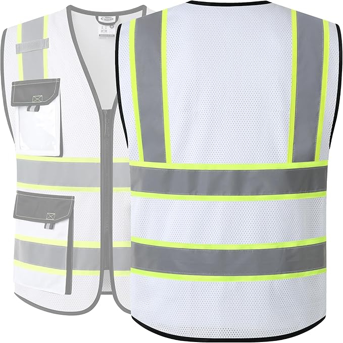 JKSafety Hi Vis Reflective Safety Vests for Men Women High Visibility Vest with Pockets Mesh Fabric Construction Safety Apparel Neon Vest for Work (220-White XXL)