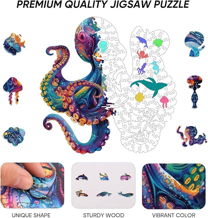 Qiuenisray Wooden Puzzles for Adults, Octopus Ocean Jigsaw Puzzle 200 Piece | Cool Wood Puzzle Wall Decor, FSC Certified Unique Animal Adult Puzzles Piece, Creative Gift for Family Game 11.2