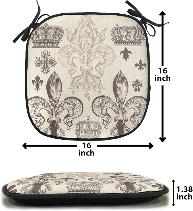 Lunarable Fleur De Lis Chair Cushion Pads Set of 2, Heraldic Pattern Royal Flower and Crowns Tiara Coat of Arms Knight, Anti-Slip Seat Padding for Kitchen & Patio, 16"x16", Beige Taupe and Ivory