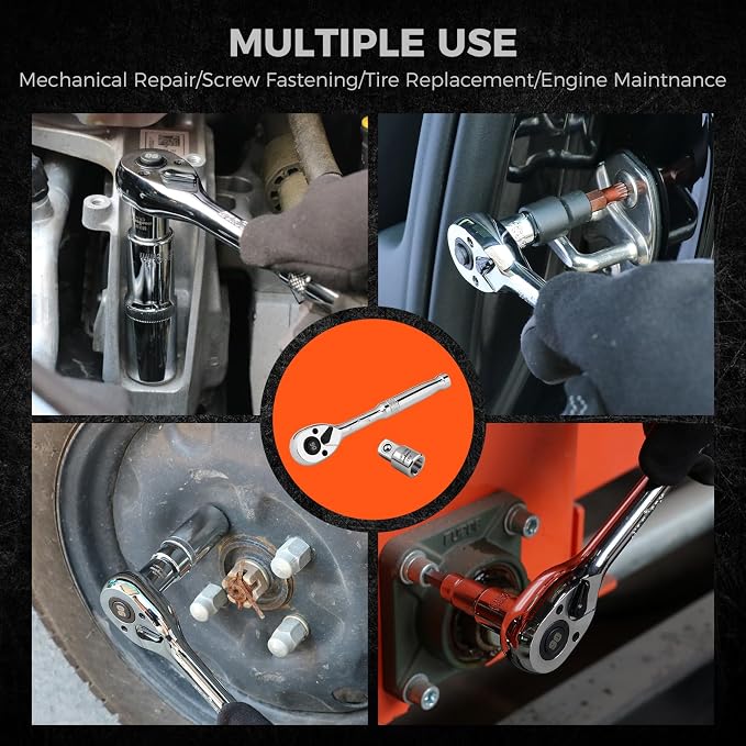 HORUSDY 1/4" Drive 90-Tooth Quick-Release Ratchet Handle with 1/4" to 3/8" Adapter, Reversible Thin Profile Socket Wrench, 4° Swing Arc, Ergonomic Anti-Slip Grip, Ideal for Auto, Bike & Home Repair