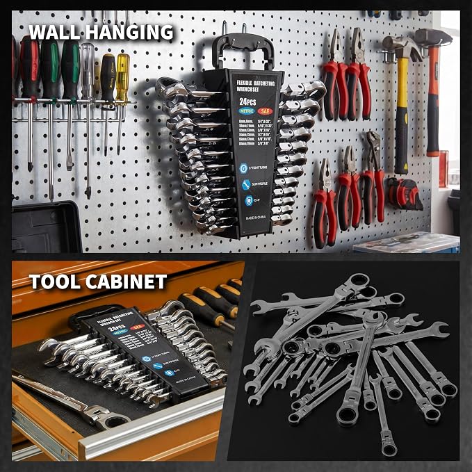Garvee 24 Piece Ratcheting Combination SAE & Metric Wrench Set | Metric 8-19mm & SAE 1/4"-7/8" Arc CR-V Steel 72-Tooth 5° Swing | for Automotive Repair Home Maintenance